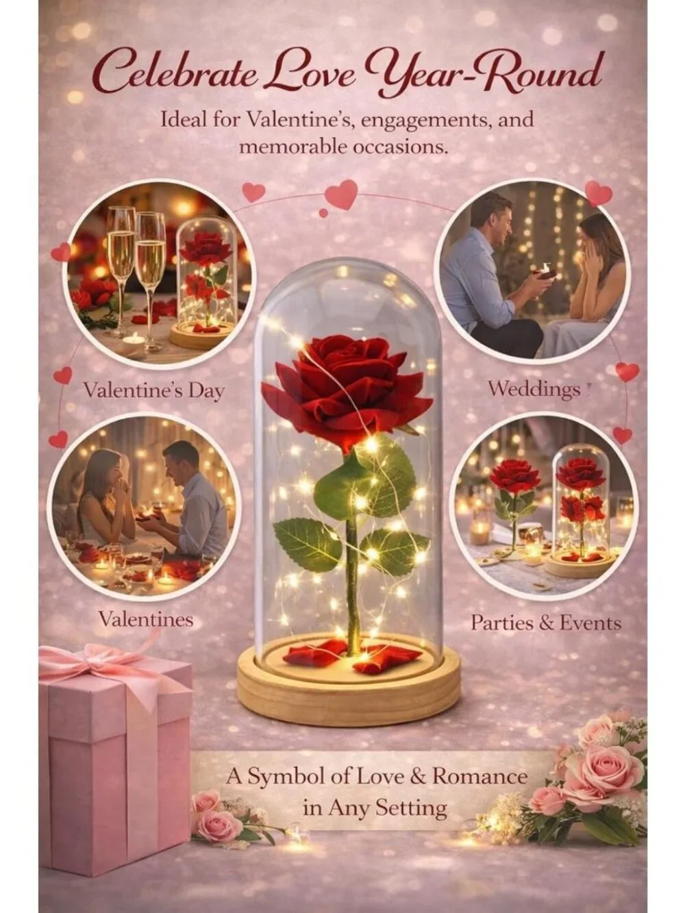 LED Light Up Red Rose in Glass Dome - Romantic Gift for Anniversary, Birthday